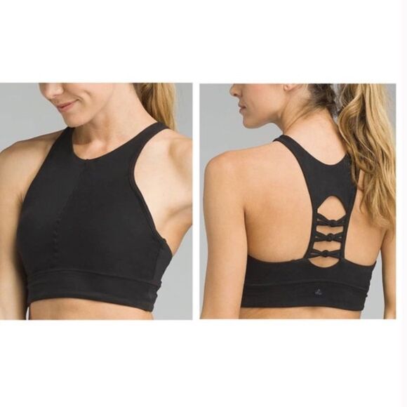 Prana Itzel Space Dye Gray Jersey Knotted Back High Neck Racerback Sports Bra L - Picture 2 of 13